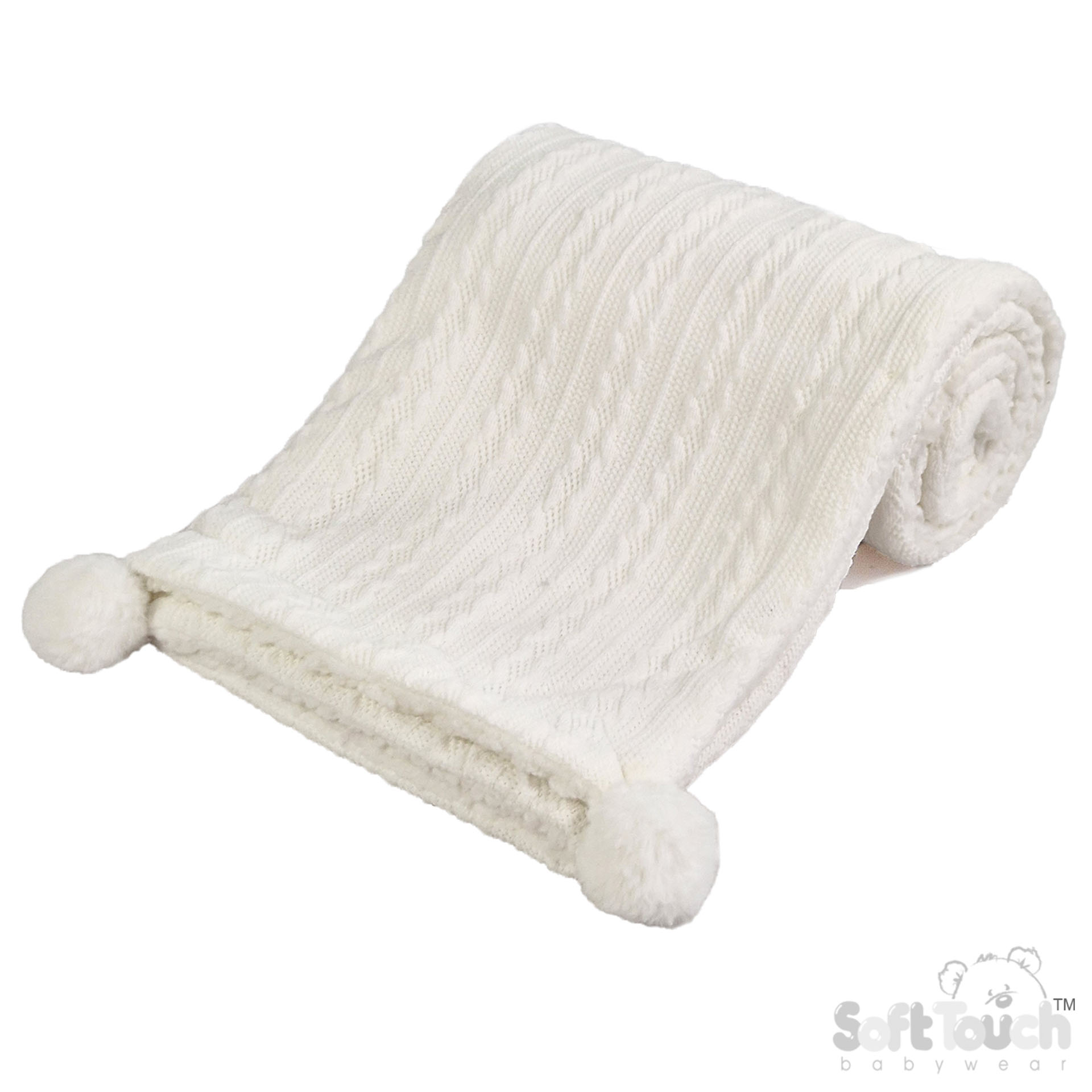 White Cable Knit Wrap W/Pom Pom No. FBP188-W