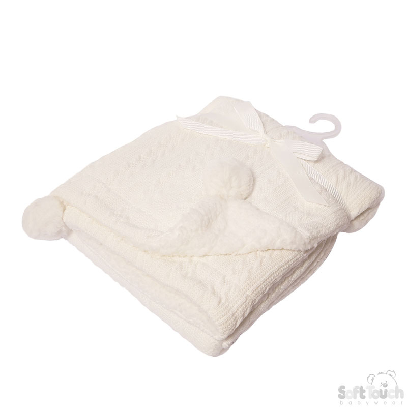 White Cable Knit Wrap W/Pom Pom No. FBP188-W