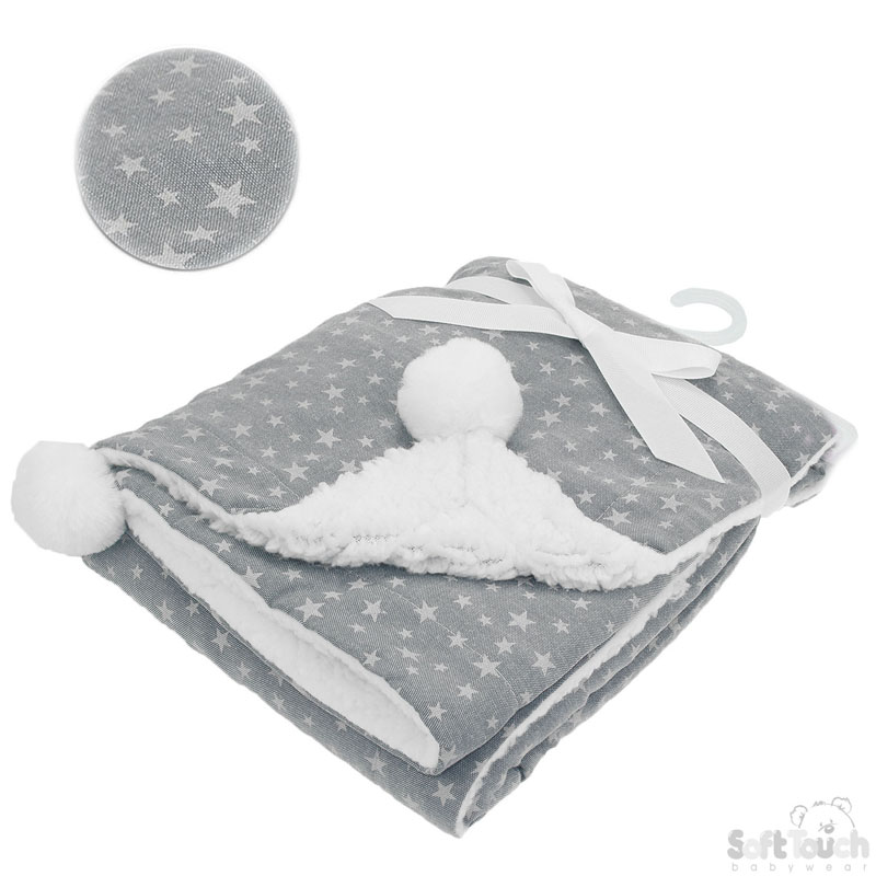 Grey Star Print Wrap W/Pom Poms No. FBP190-G