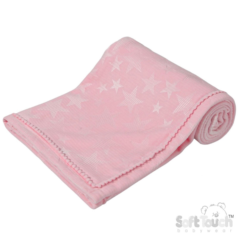Baby Pink Star Embossed Mink Wrap w/Pom Pom Trim No. FBP230-BP