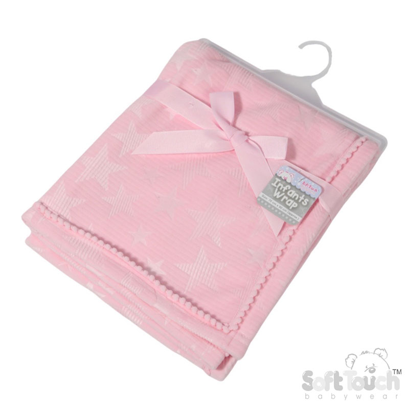 Baby Pink Star Embossed Mink Wrap w/Pom Pom Trim No. FBP230-BP