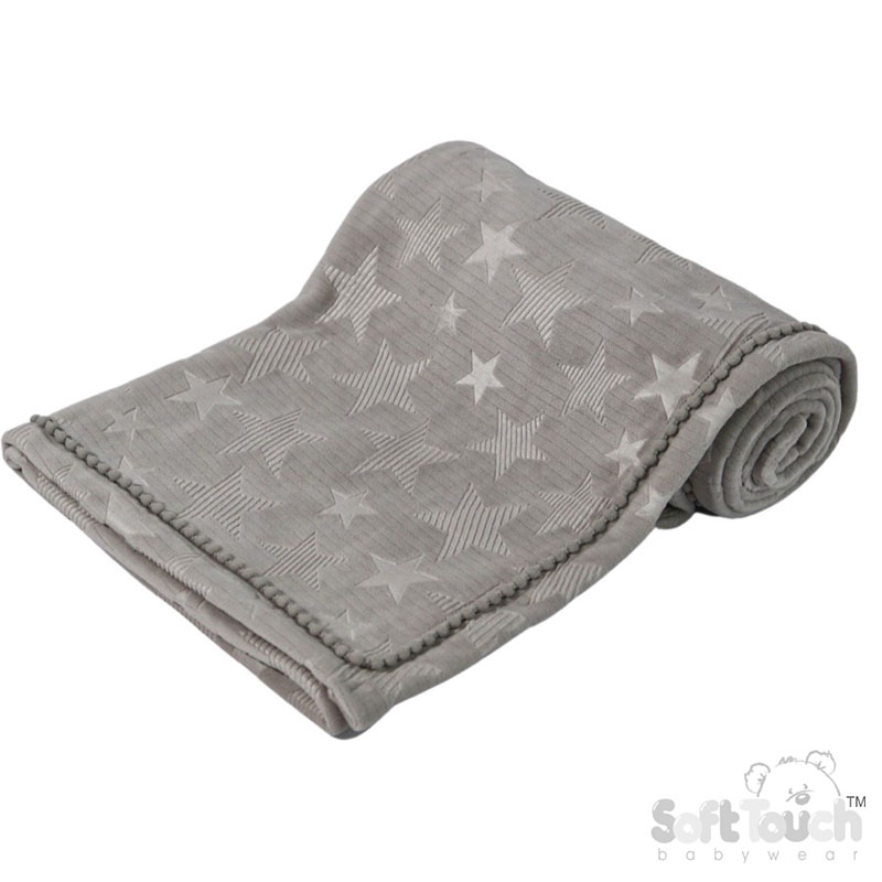 Grey Star Embossed Mink Wrap w/Pom Pom Trim No. FBP230-G