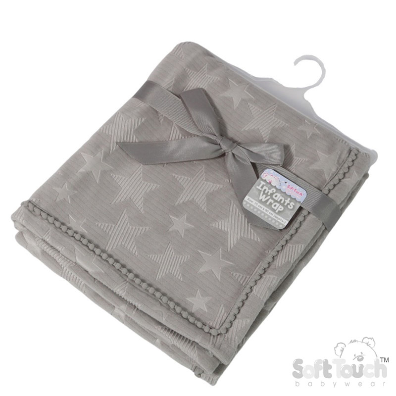Grey Star Embossed Mink Wrap w/Pom Pom Trim No. FBP230-G