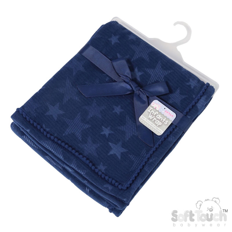 Navy Star Embossed Mink Wrap w/Pom Pom Trim No. FBP230-N