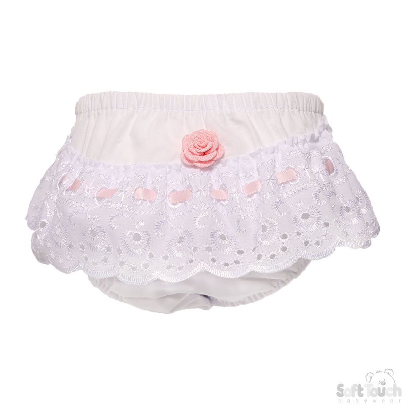 White/Pink Cotton Frilly Pants W/Rose No. FP16-P