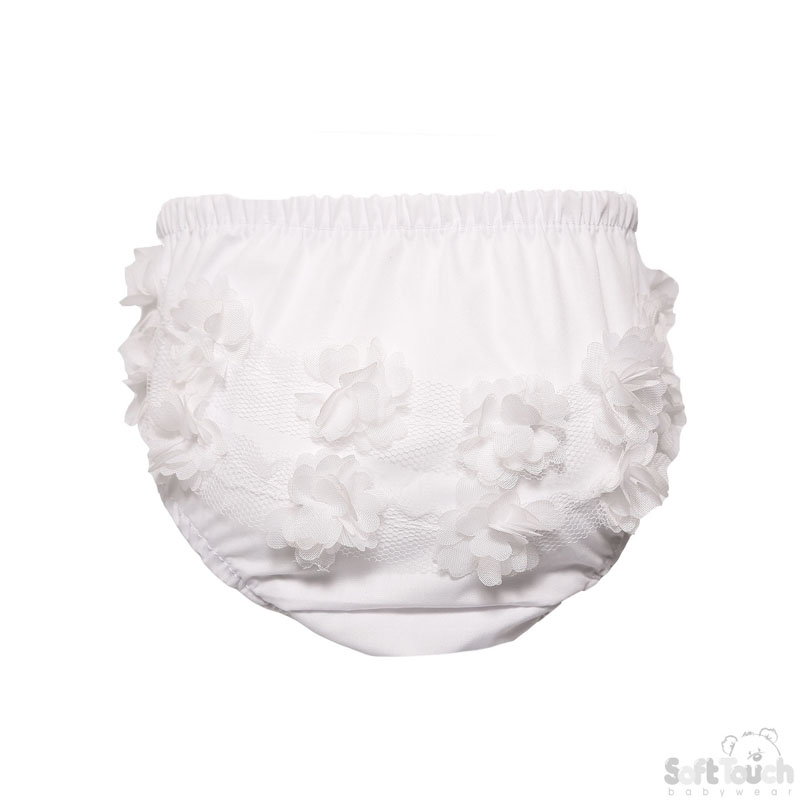 White Cotton Frilly Pants W/Flowers No. FP18-W
