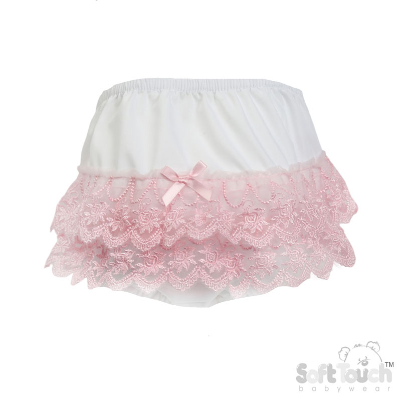 White Frilly Pants w/Pink Floral Lace & Bow No. FP28-P