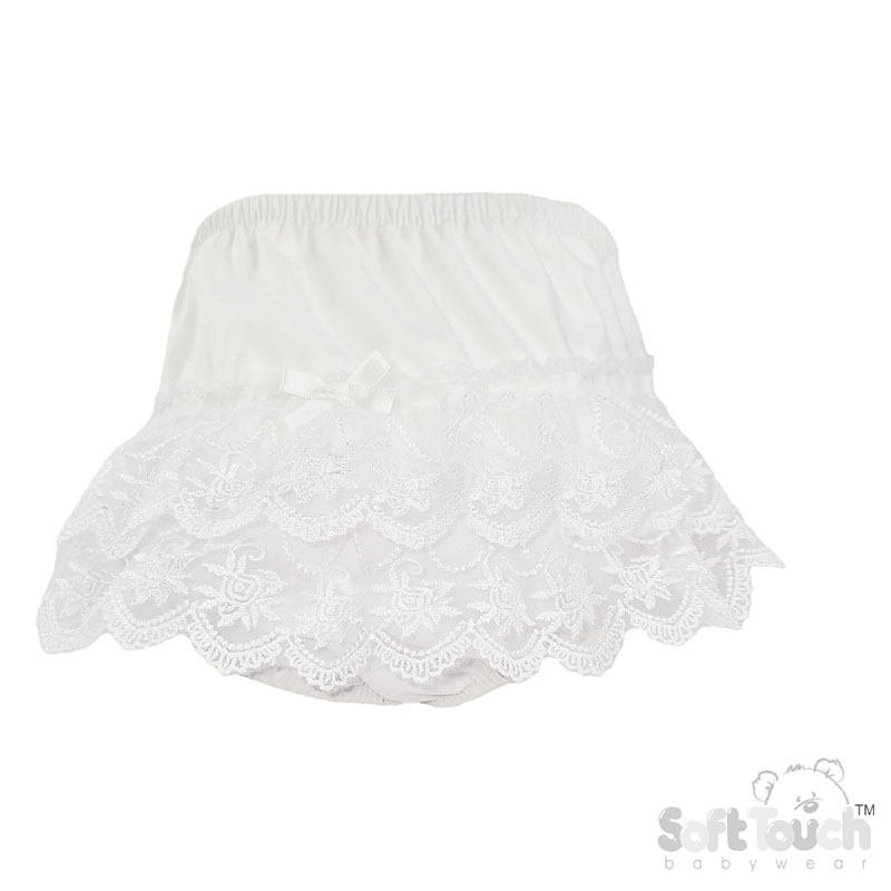 White Frilly Pants w/White Floral Lace & Bow No. FP28-W