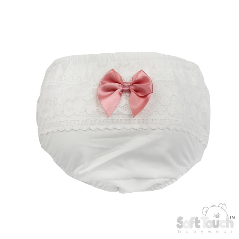 White Floral Lace Frilly Pants w/Dusty Pink Satin Bow No. FP30-DP