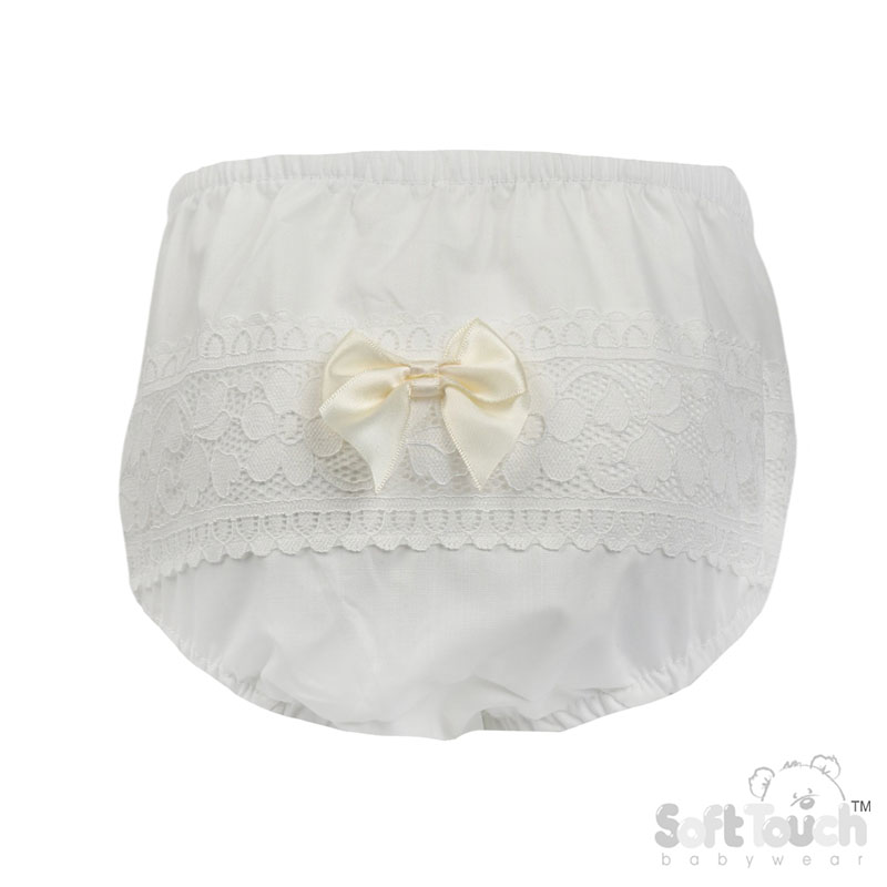 White Floral Lace Frilly Pants w/Lemon Satin Bow No. FP30-LEM