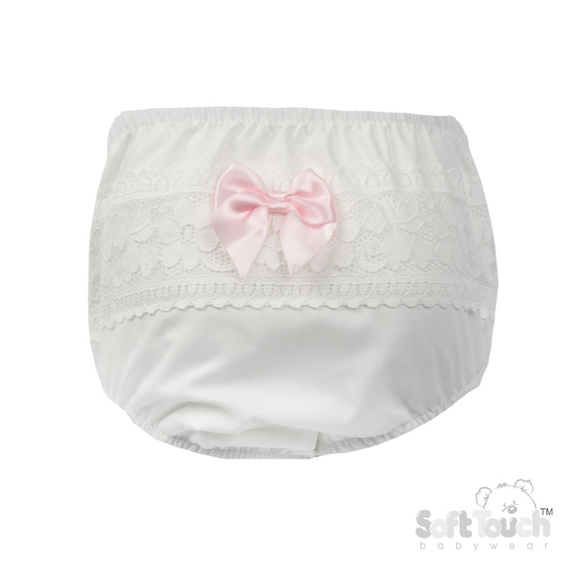 White Floral Lace Frilly Pants w/Pink Satin Bow No. FP30-P