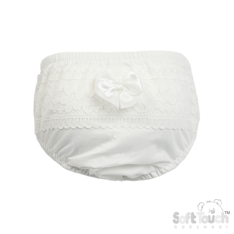 White Floral Lace Frilly Pants w/White Satin Bow No. FP30-W