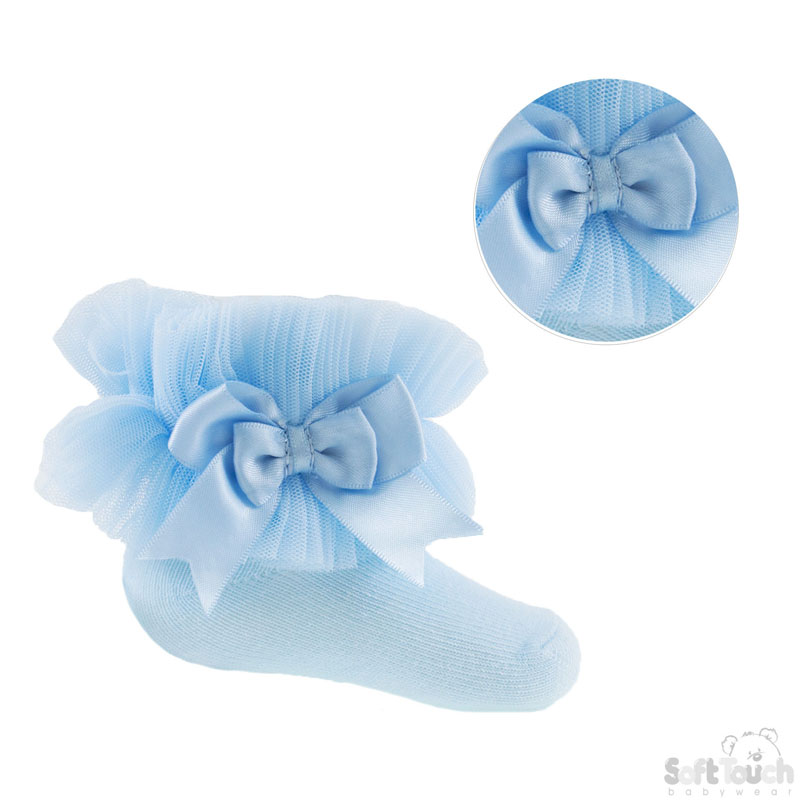 Blue Small Plain Frilly Socks W/Lace & Bow GS114-B