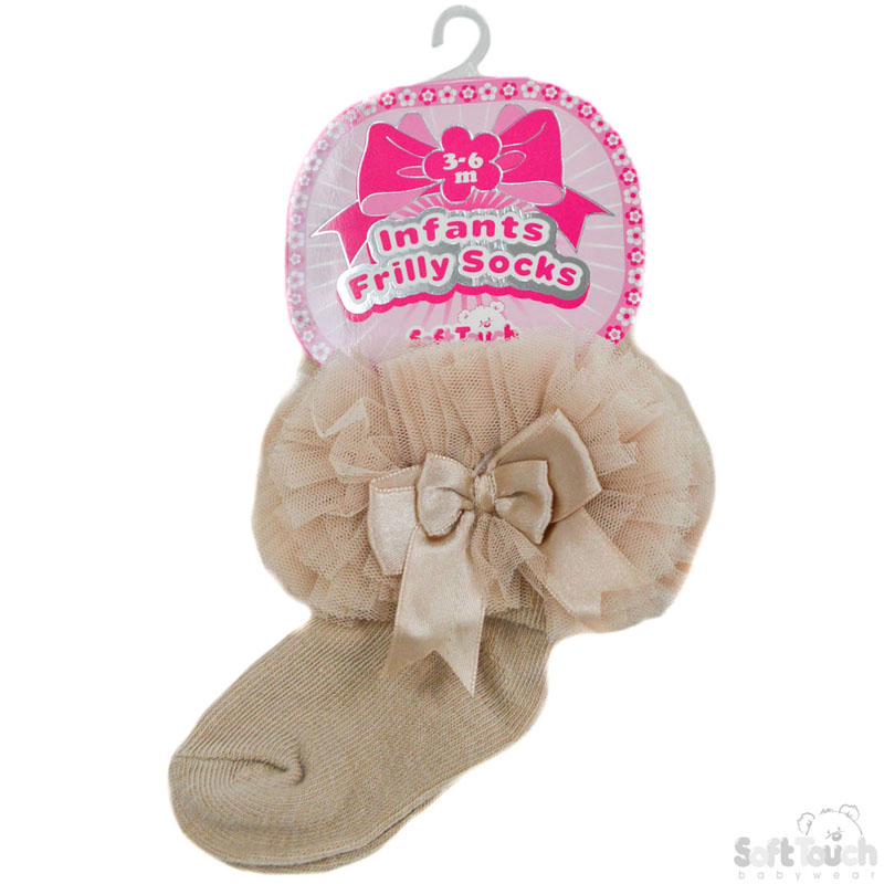 Small Beige Frilly Socks W/Bow NO. GS114-BE