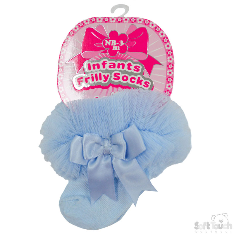 Blue Small Plain Frilly Socks W/Lace & Bow GS114-B