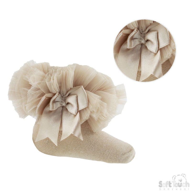 Medium Beige Frilly Socks W/Bow No. GS116-BE