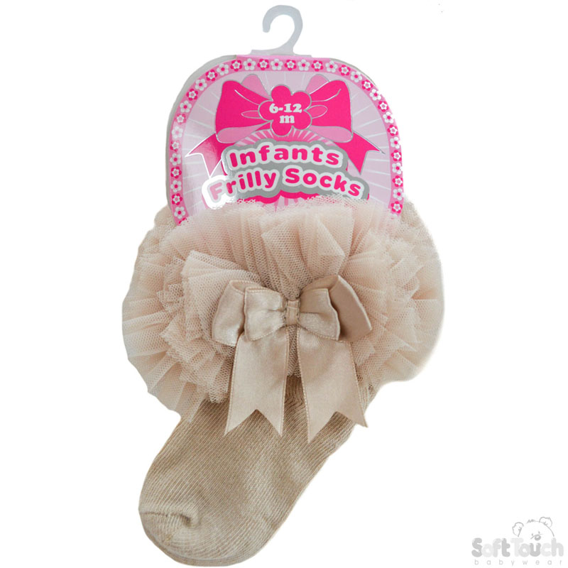 Medium Beige Frilly Socks W/Bow No. GS116-BE