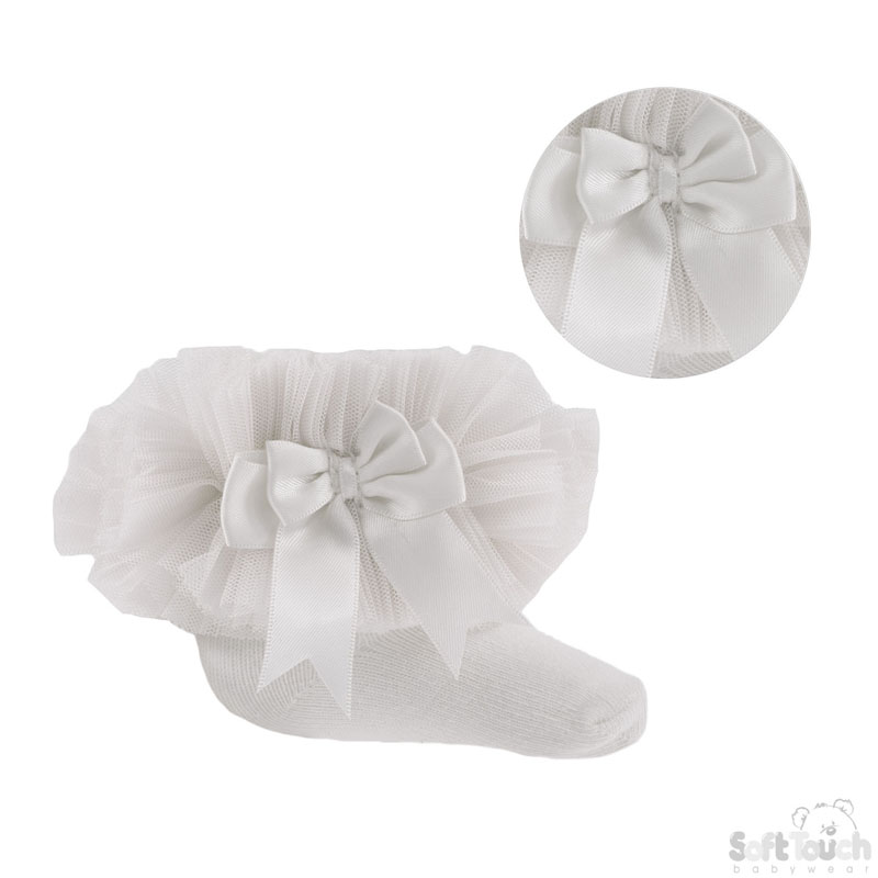 Medium White Frilly Socks W/Bow No. GS116-W
