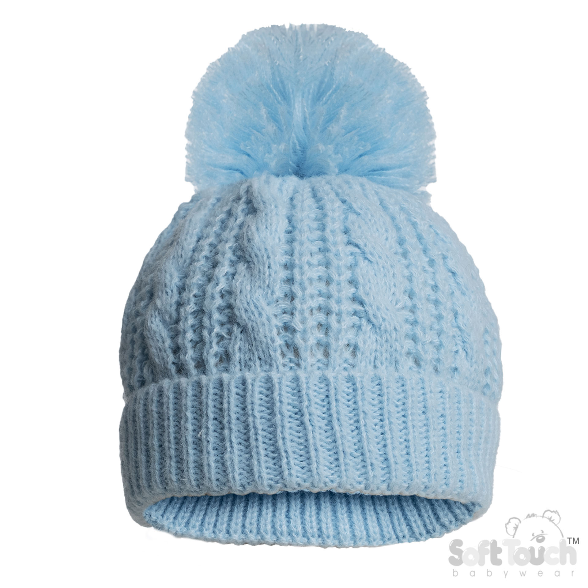 Deluxe Blue Cable Knit Hat w/Pom Pom : H16-B