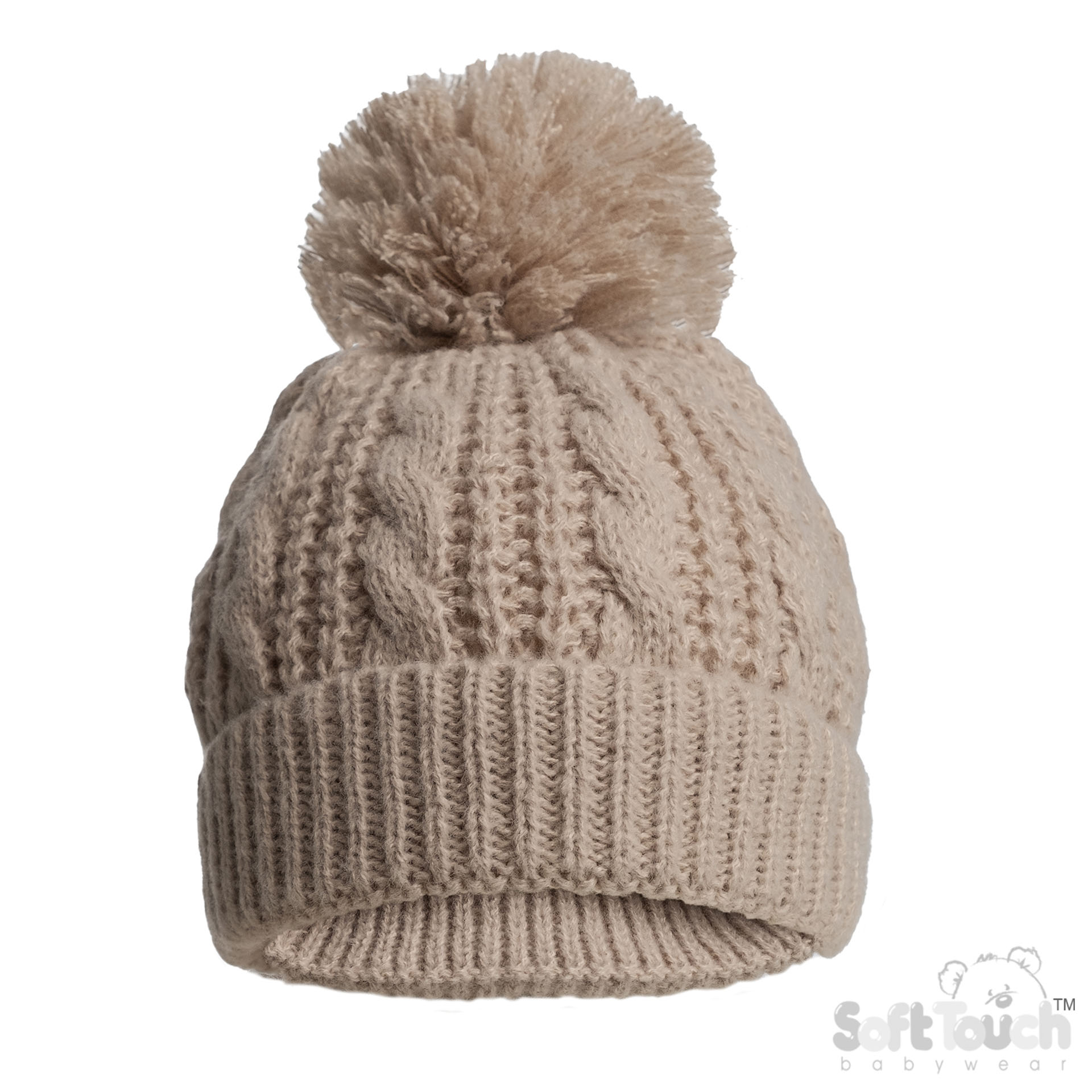 Deluxe Biscuit Cable Knit Hat w/Pom Pom : H16-BI