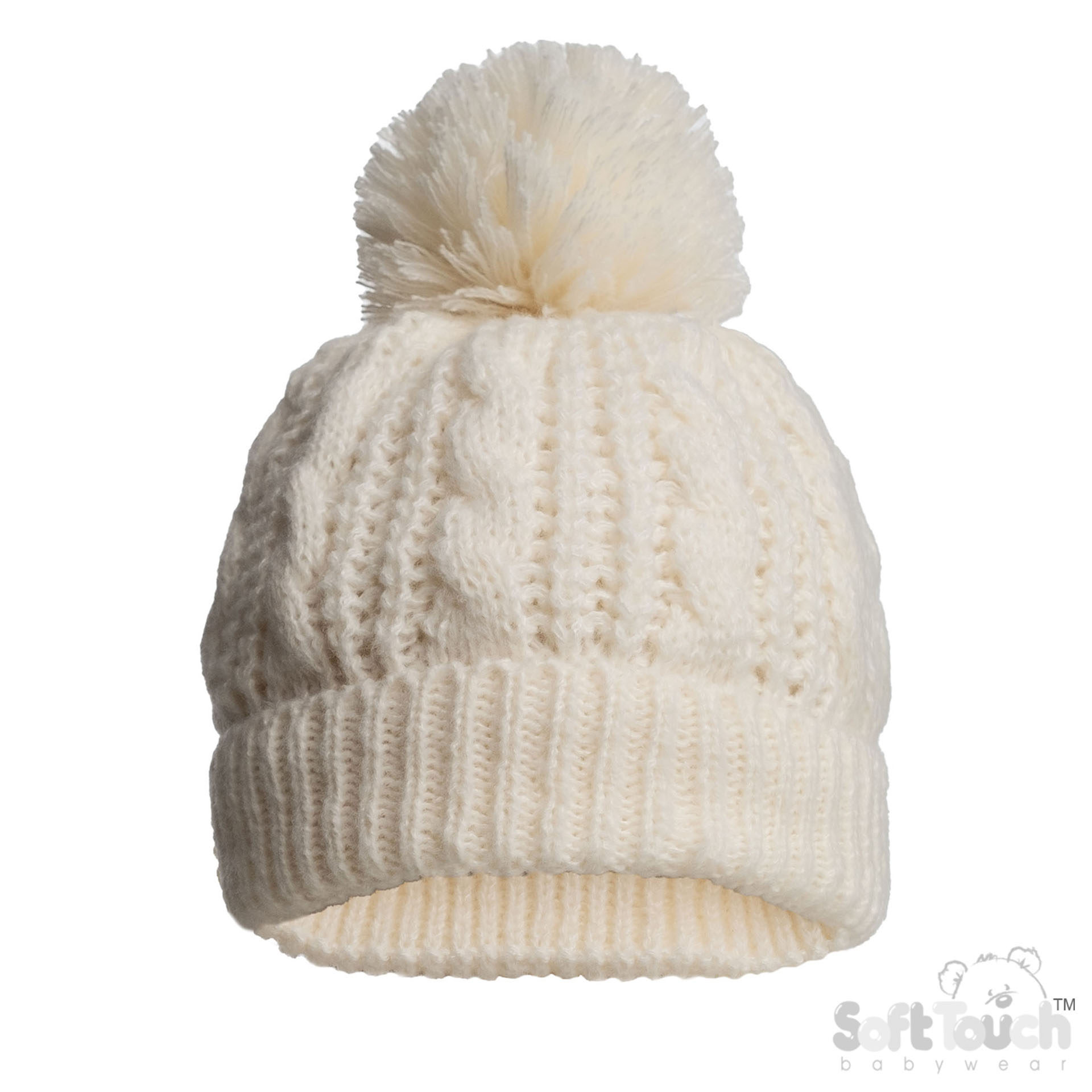 Deluxe Cream Cable Knit Hat w/Pom Pom : H16-C