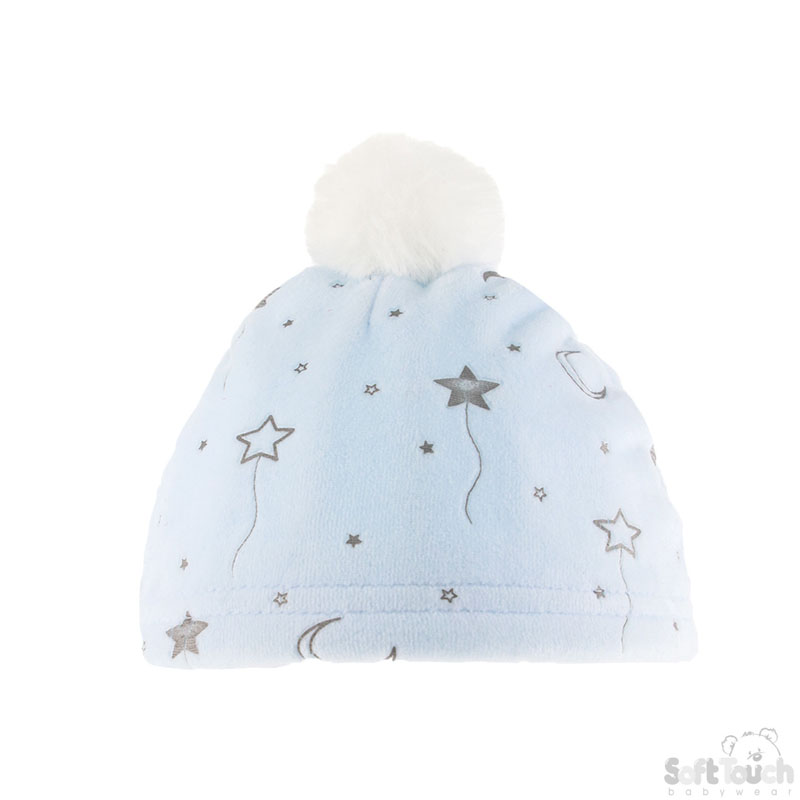Blue Star & Moon Print Hat W/Pom Pom No. H192-B