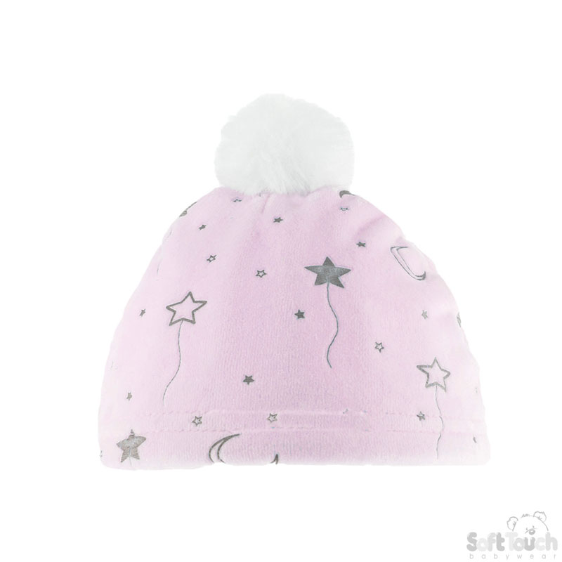 Pink Star & Moon Print Hat W/Pom Pom No. H192-P