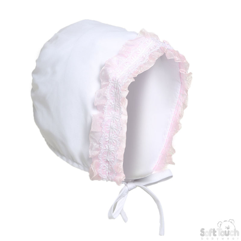 Bonnet Hat W/Pink Or White Lace No. H34-6-12m