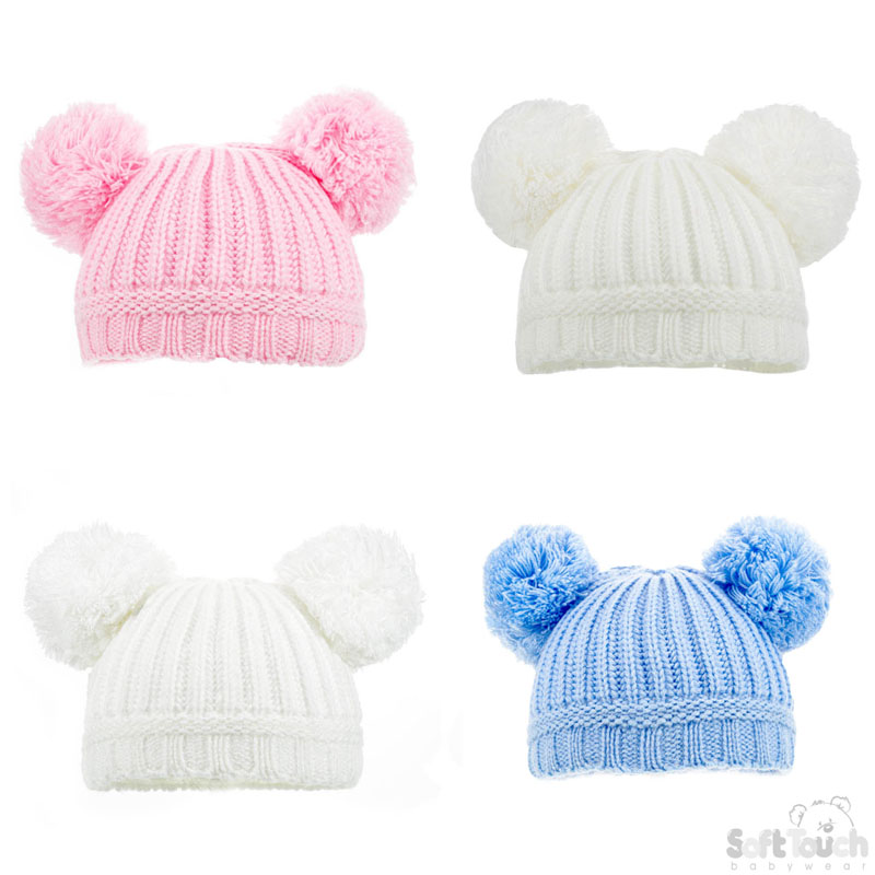 Small Plain Ribbed Hat W/2 Pom Poms H460-SM