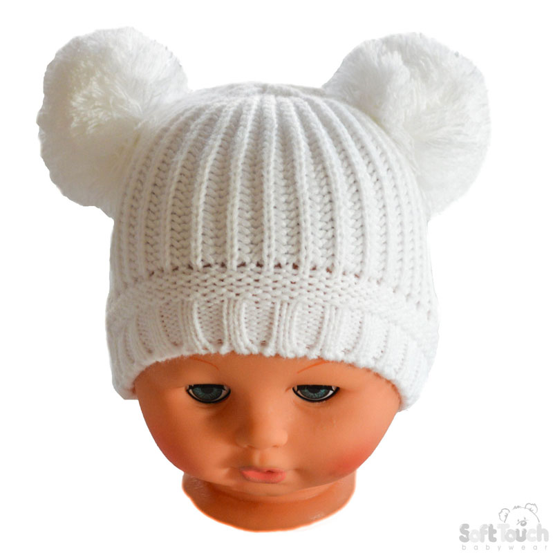 White Small Plain Ribbed  Hatw/2 Pom Poms H460-W-SM