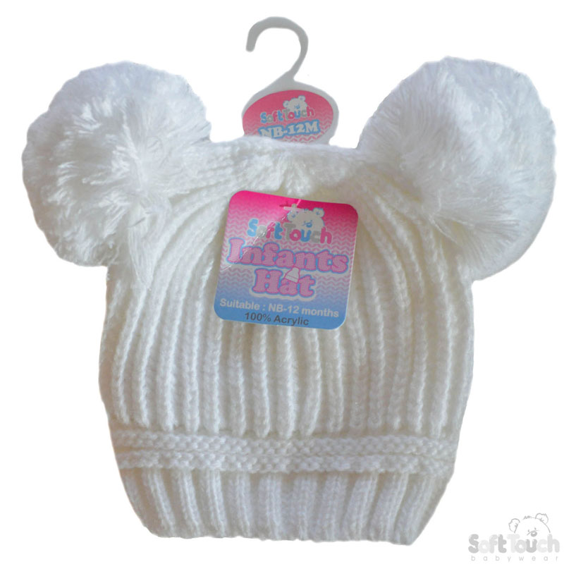 White Small Plain Ribbed  Hatw/2 Pom Poms H460-W-SM