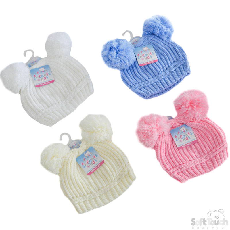 Large Plain Ribbed Hat W/2 Pom Poms H462-M