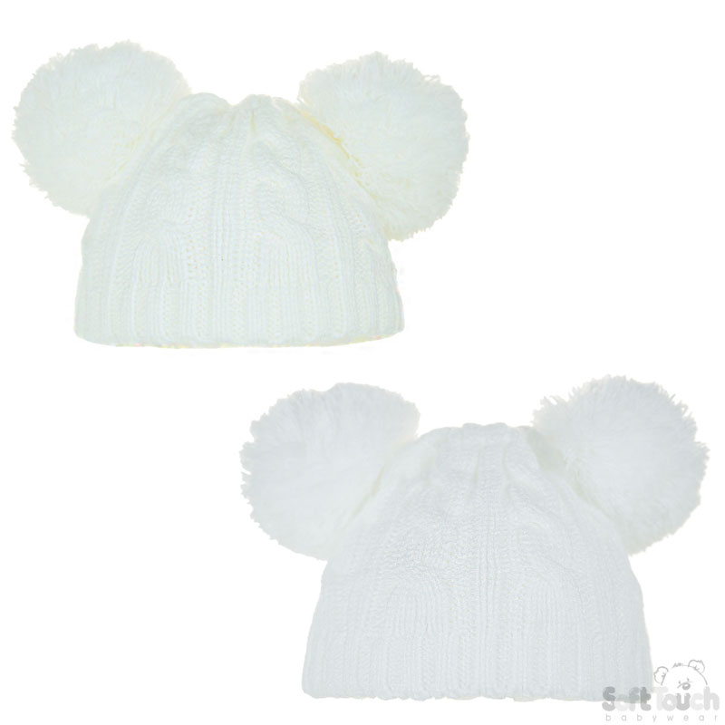 White/Cream Cable Knit Pom Pom Hat No. H475-CW-SM