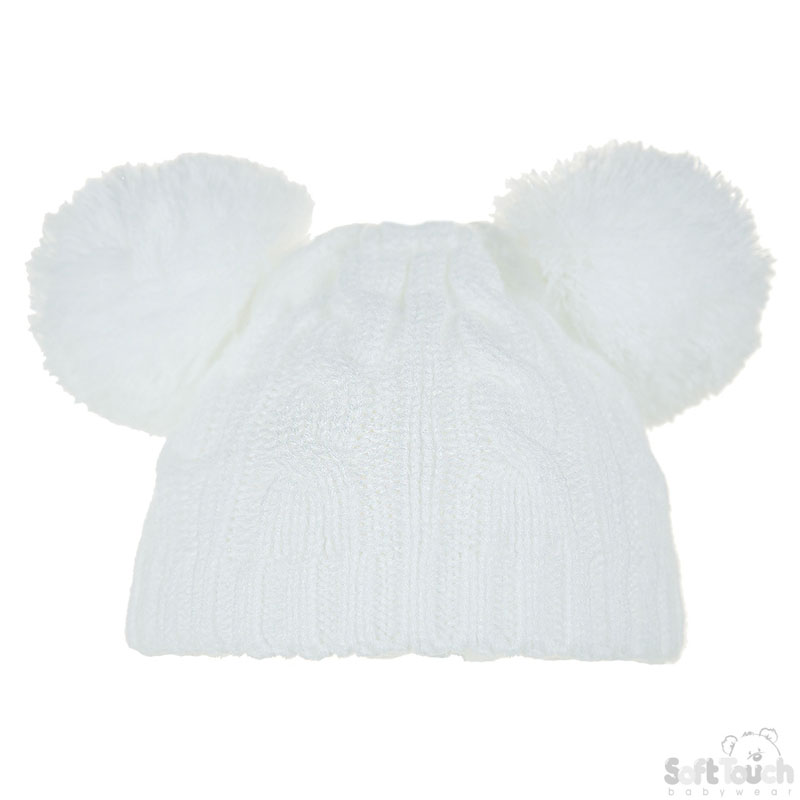 White/Cream Cable Knit Pom Pom Hat No. H475-CW-SM