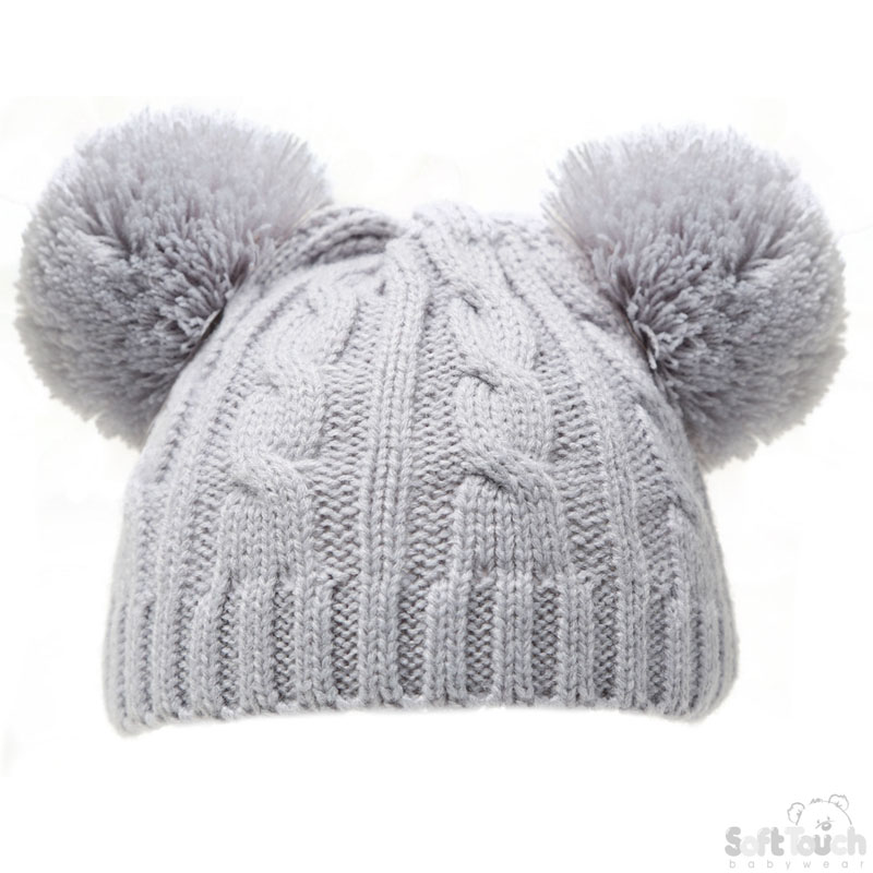 Grey Cable Knit Hat with 2 Pom Poms No. H475-G-SM