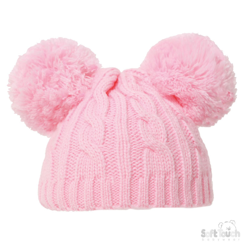 Pink Cable Knit Hat with 2 Pom Poms No. H475-P-SM