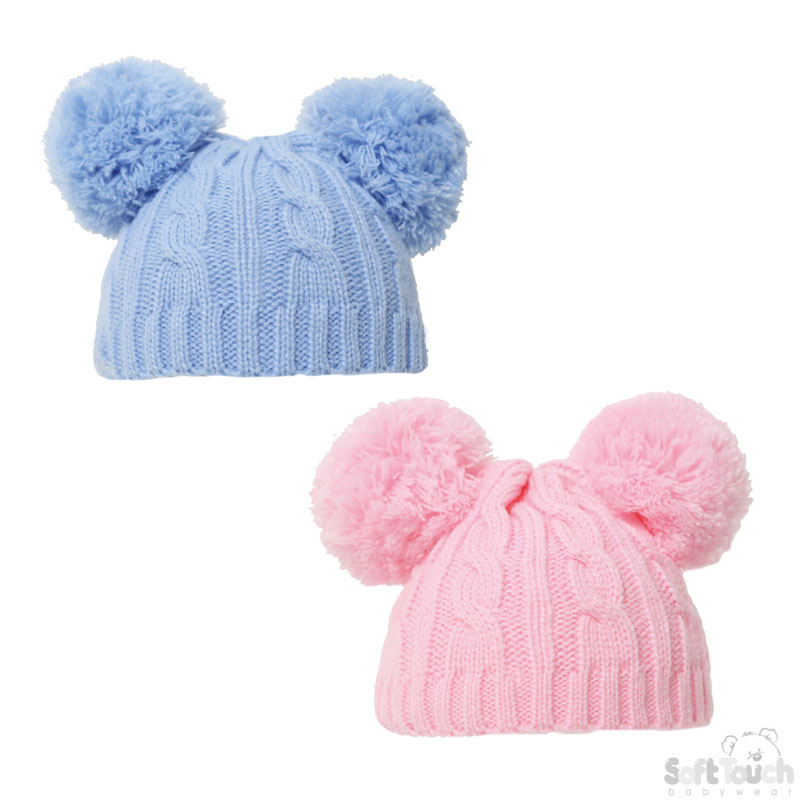 Pink/Blue Cable Knit Hat /Pom Poms No. H475-PB-SM
