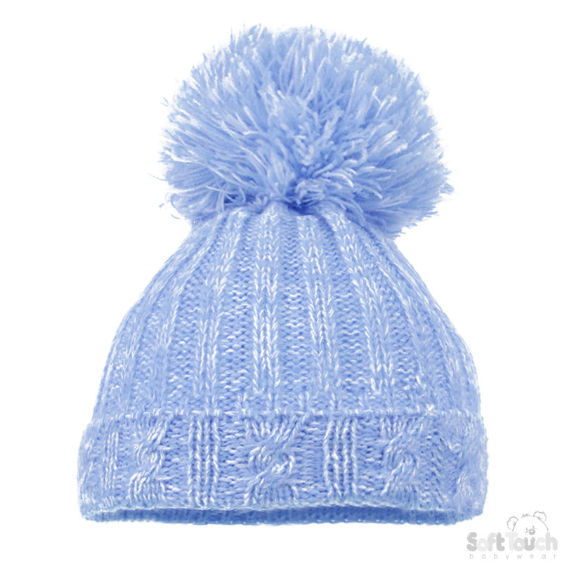 Small Blue Cable Knit Pom-Pom Hat: H480-B-SM