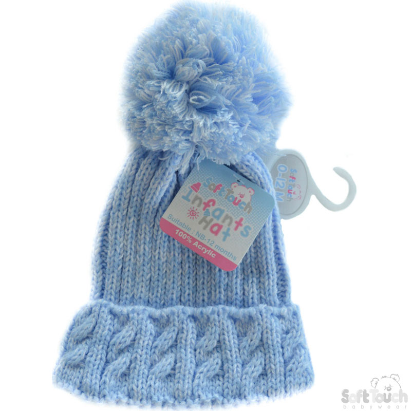 Small Blue Cable Knit Pom-Pom Hat: H480-B-SM