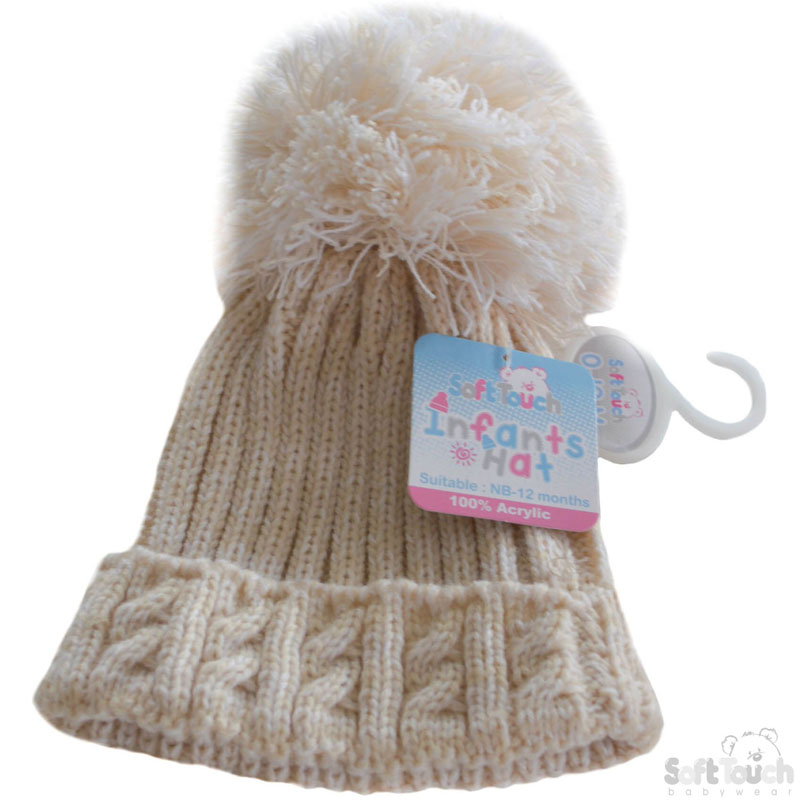 Small Beige Cable Knit Pompom Hat H480-BE-SM