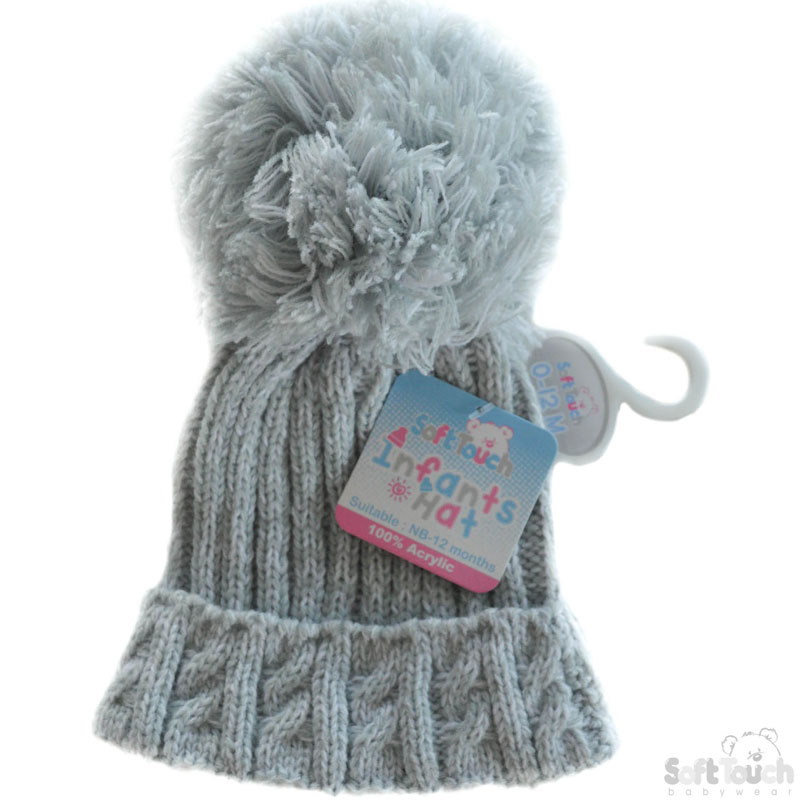 Small Grey Cable Knit Pom-Pom Hat: H480-G-SM