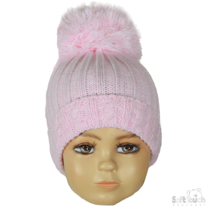 Small Pink Cable Knit Pompom Hat H480-P-SM