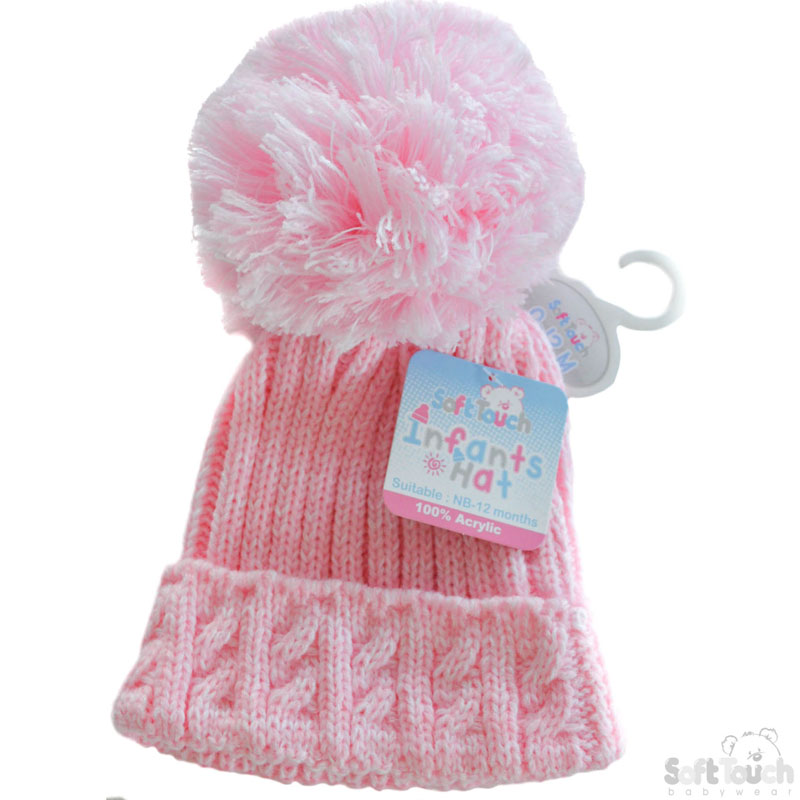 Small Pink Cable Knit Pompom Hat H480-P-SM