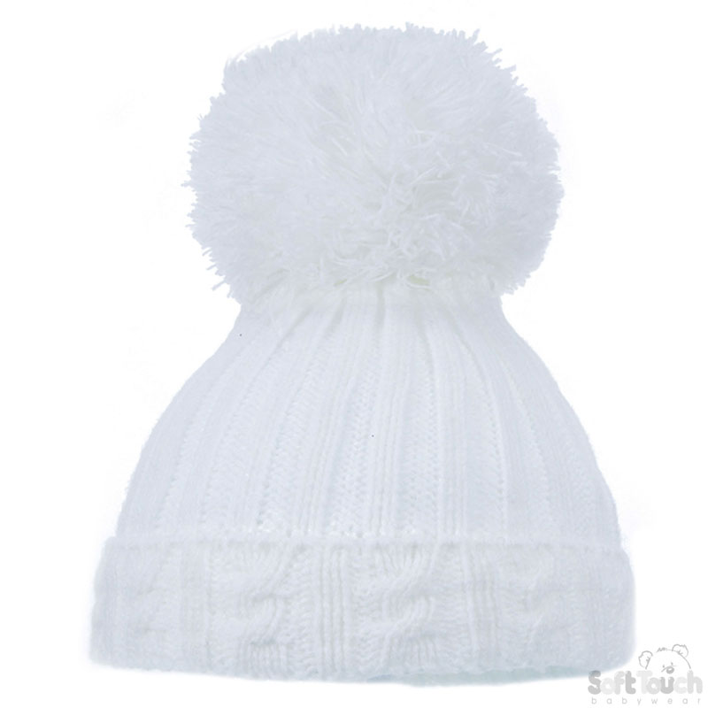 Small White Cable Knit Pom-Pom Hat: H480-W-SM