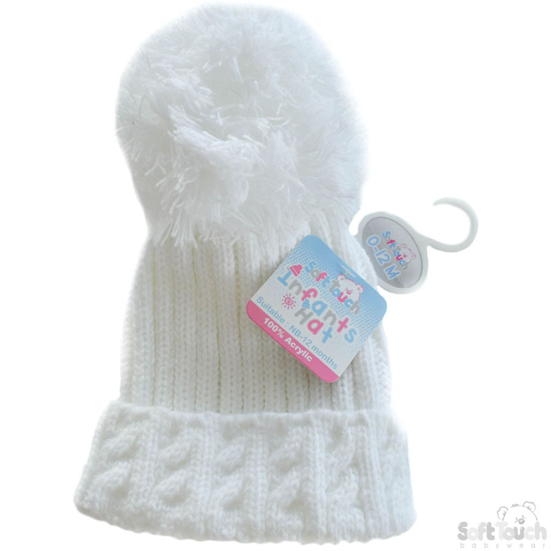 Small White Cable Knit Pom-Pom Hat: H480-W-SM