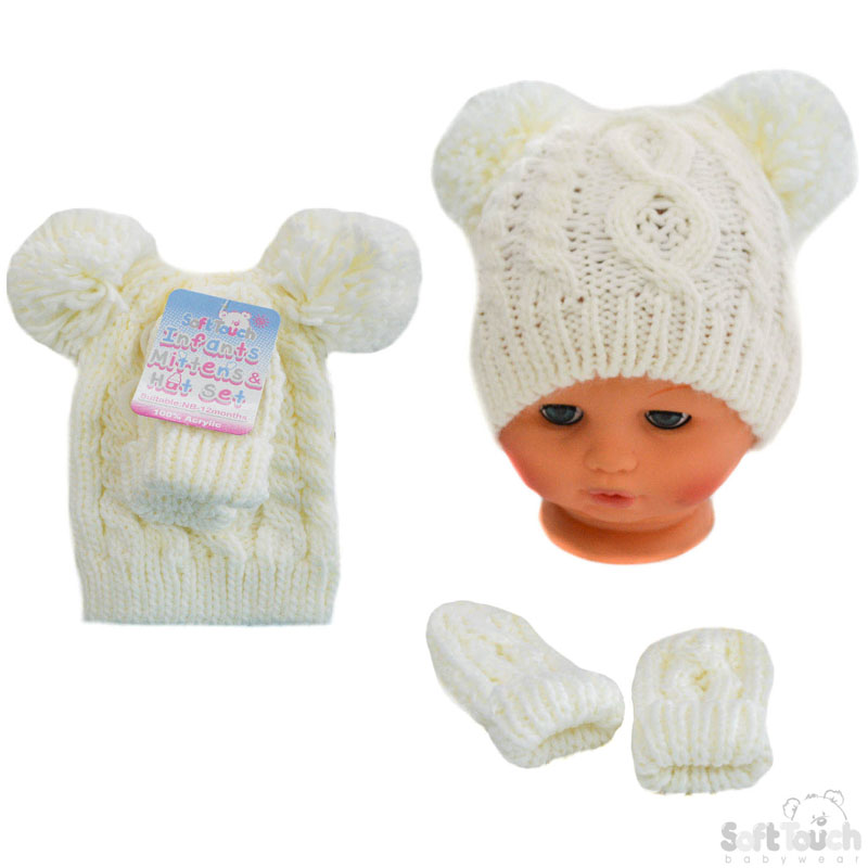 Cream Cable Knit Hat & MItten Set No. H482-C-SM