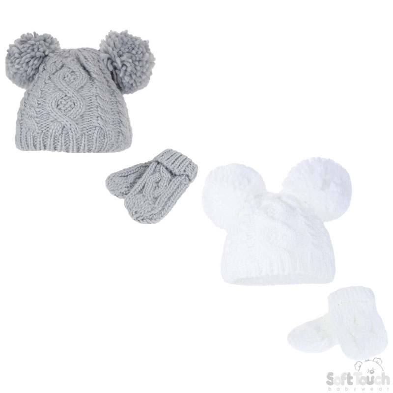 G/W Small Pom Pom Hat & Mitten Set No. H482-GW-SM