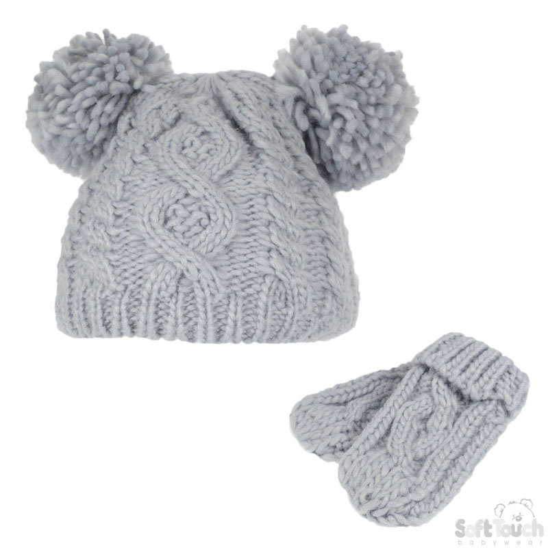 G/W Small Pom Pom Hat & Mitten Set No. H482-GW-SM
