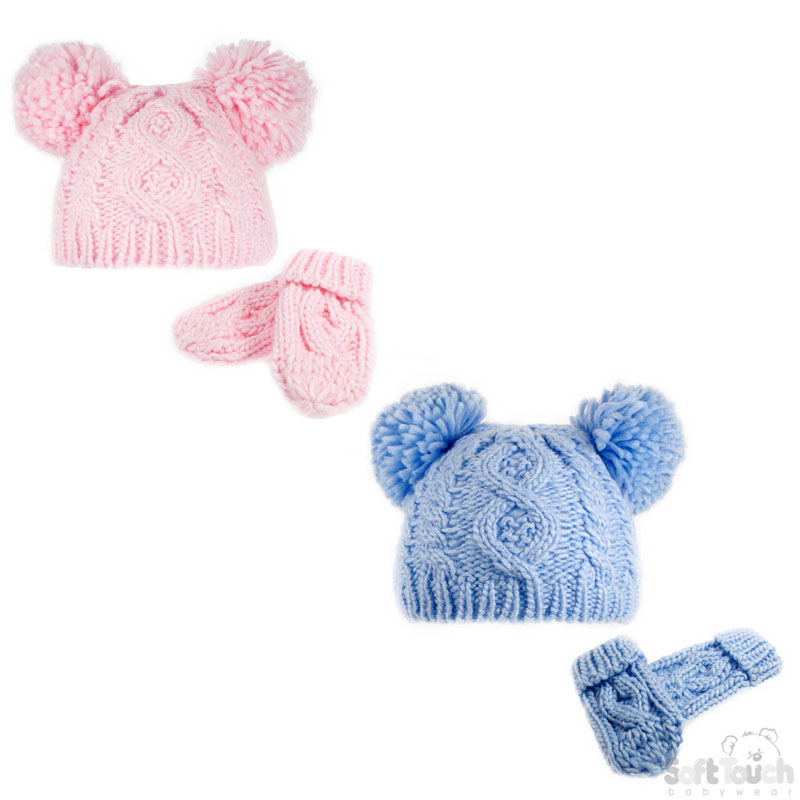 P/B Small Pompom Hat & Mitt Set H482-PB-SM