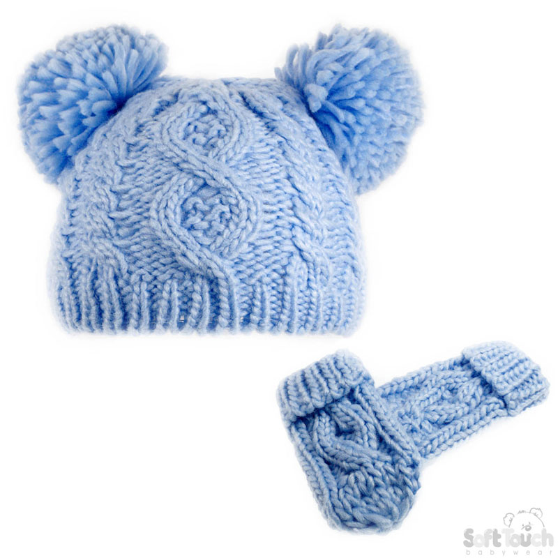 P/B Small Pompom Hat & Mitt Set H482-PB-SM